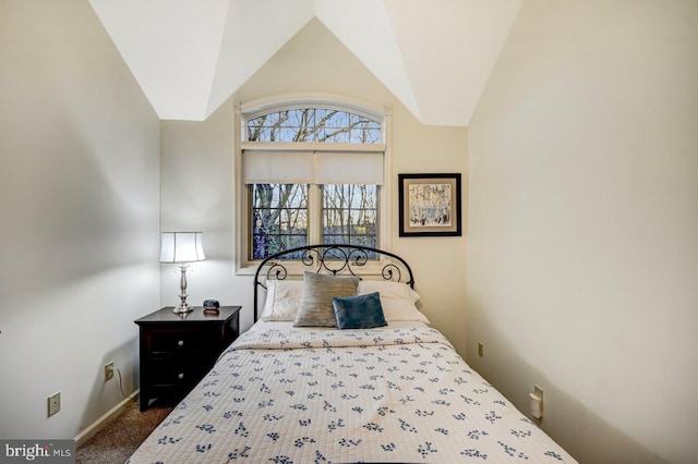 bedroom featuring carpet and vaulted ceiling