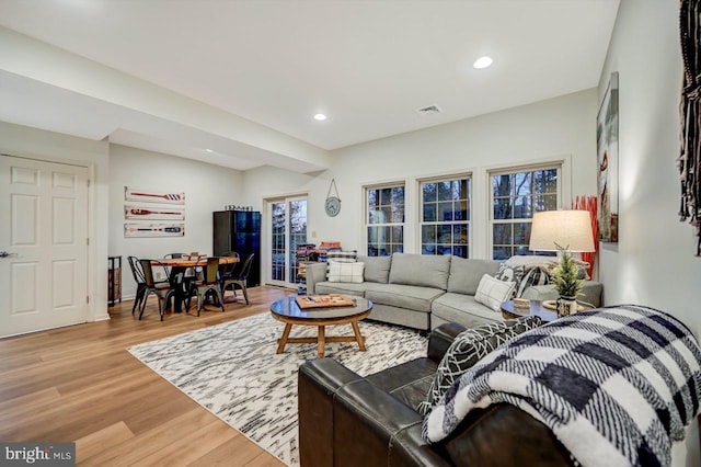 living room with a healthy amount of sunlight and light hardwood / wood-style flooring