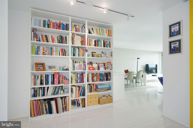 interior space with light hardwood / wood-style flooring and rail lighting