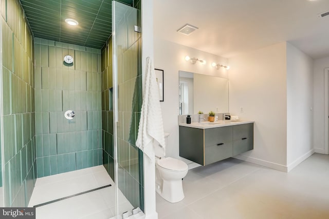 bathroom with tile floors, toilet, vanity, and an enclosed shower