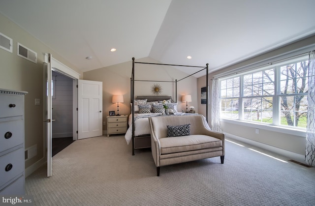 bedroom featuring light colored carpet, lofted ceiling, visible vents, and recessed lighting