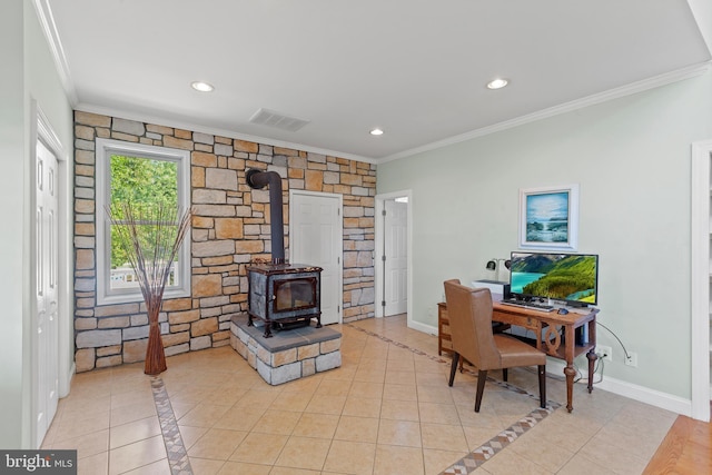 tiled living room with ornamental molding and a wood stove