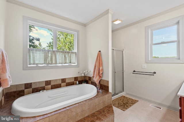 bathroom with shower with separate bathtub, tile flooring, ornamental molding, and vanity