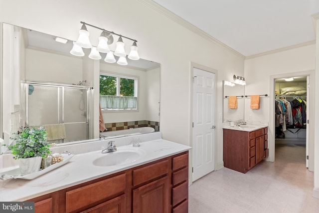 bathroom featuring oversized vanity, ornamental molding, tile floors, and plus walk in shower