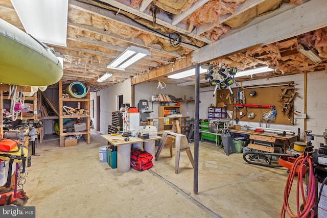 basement with a workshop area