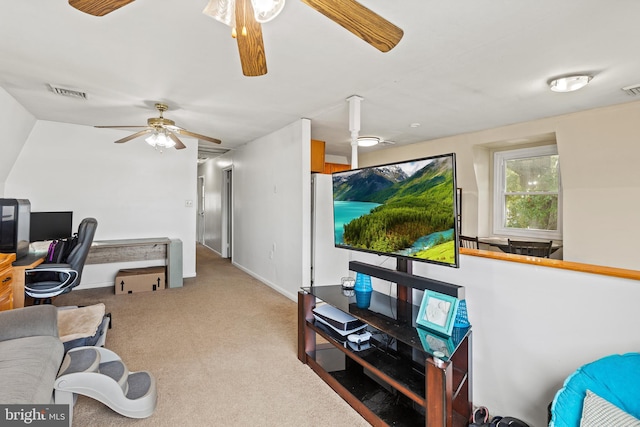 carpeted home office with ceiling fan