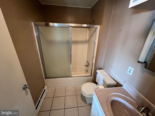 full bathroom with tile flooring, baseboard heating, enclosed tub / shower combo, toilet, and vanity