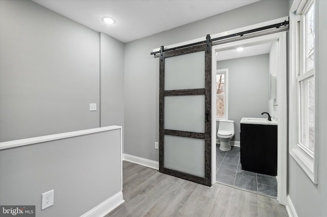 interior space with a barn door, sink, and light wood-type flooring