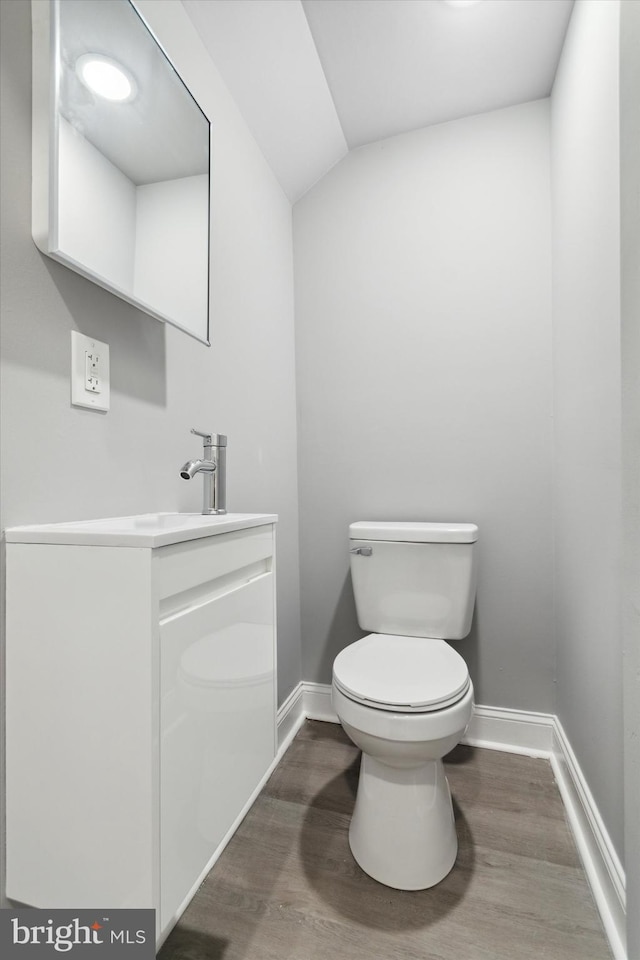 bathroom featuring toilet, vanity, and hardwood / wood-style flooring