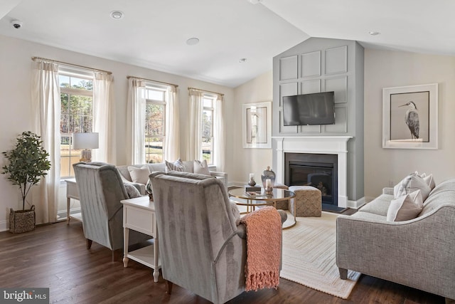 living room featuring lofted ceiling and dark hardwood / wood-style floors