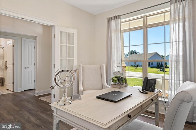 home office featuring dark wood-type flooring