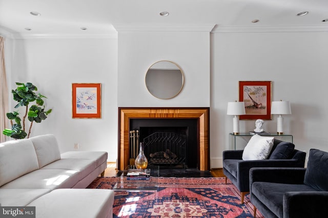 living room with ornamental molding and dark hardwood / wood-style floors