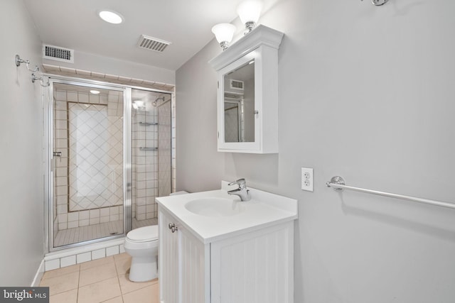 bathroom with walk in shower, vanity, toilet, and tile flooring