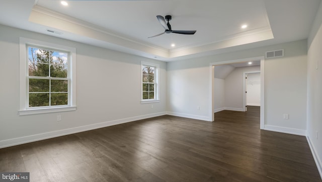 spare room featuring ceiling fan, a raised ceiling, dark wood-type flooring, and a wealth of natural light