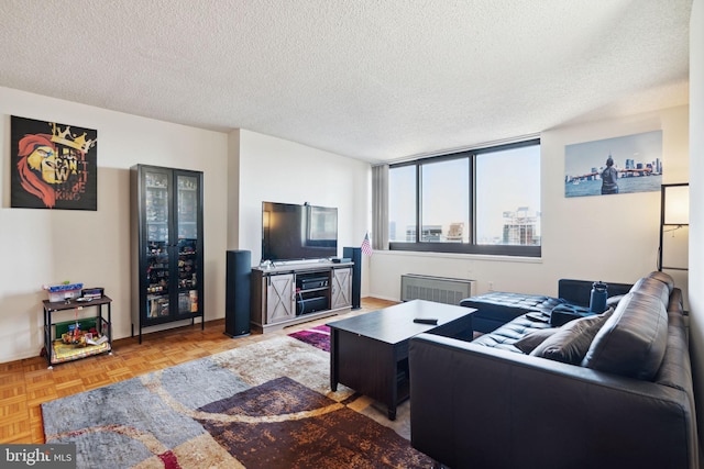 living room with light parquet flooring and a textured ceiling