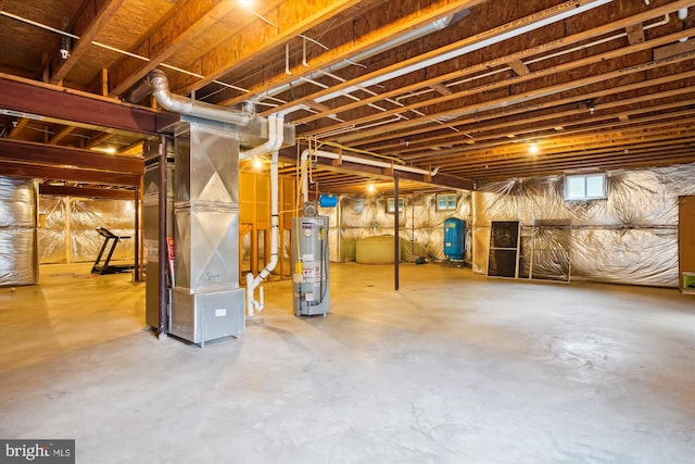 basement featuring gas water heater and heating utilities