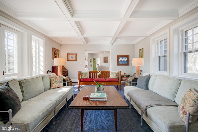 living room with dark hardwood / wood-style floors, coffered ceiling, ornamental molding, and beamed ceiling