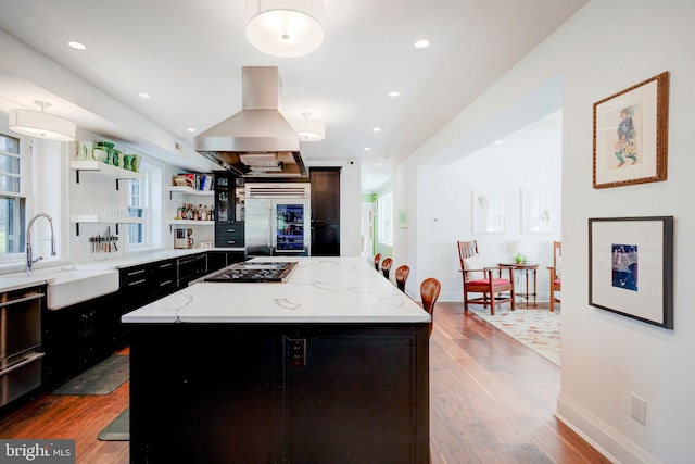 kitchen featuring a kitchen island, a healthy amount of sunlight, island range hood, and light wood-type flooring