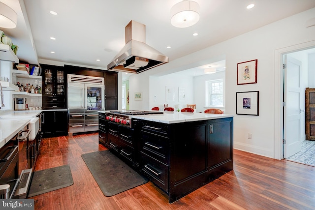 kitchen with island range hood, a center island, appliances with stainless steel finishes, and dark hardwood / wood-style flooring