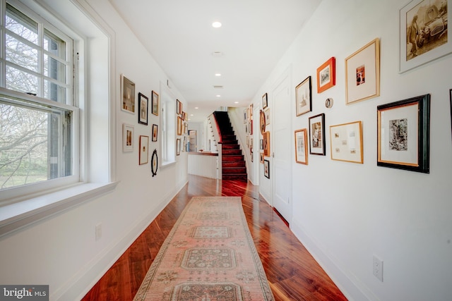 corridor featuring plenty of natural light and dark wood-type flooring