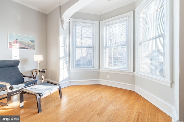 sitting room featuring crown molding and light hardwood / wood-style floors