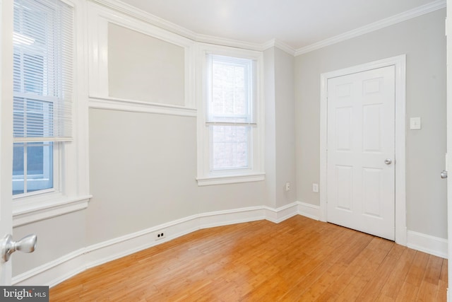 spare room featuring light hardwood / wood-style floors and crown molding