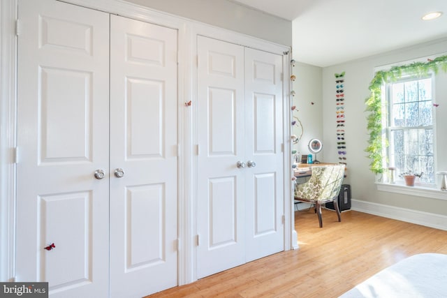 bedroom featuring light wood-type flooring and multiple closets