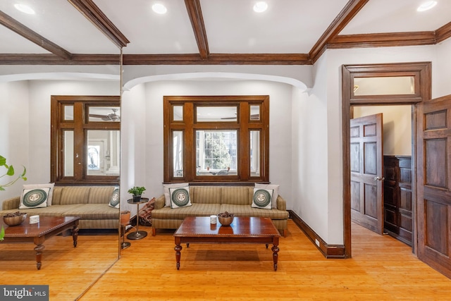 living room featuring crown molding and light hardwood / wood-style flooring