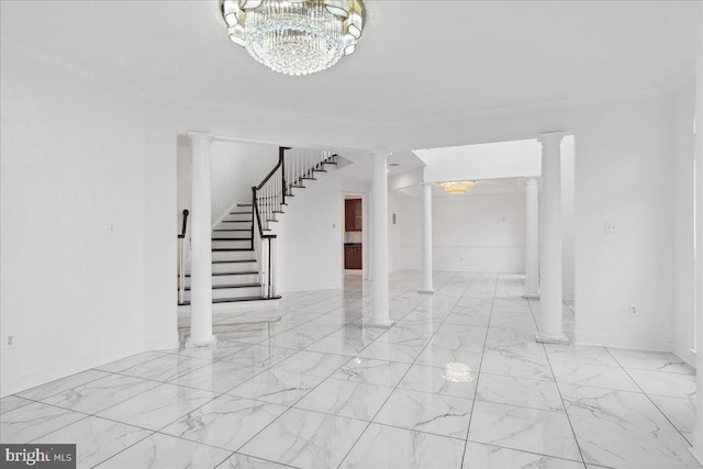 interior space featuring crown molding, a chandelier, light tile floors, and decorative columns