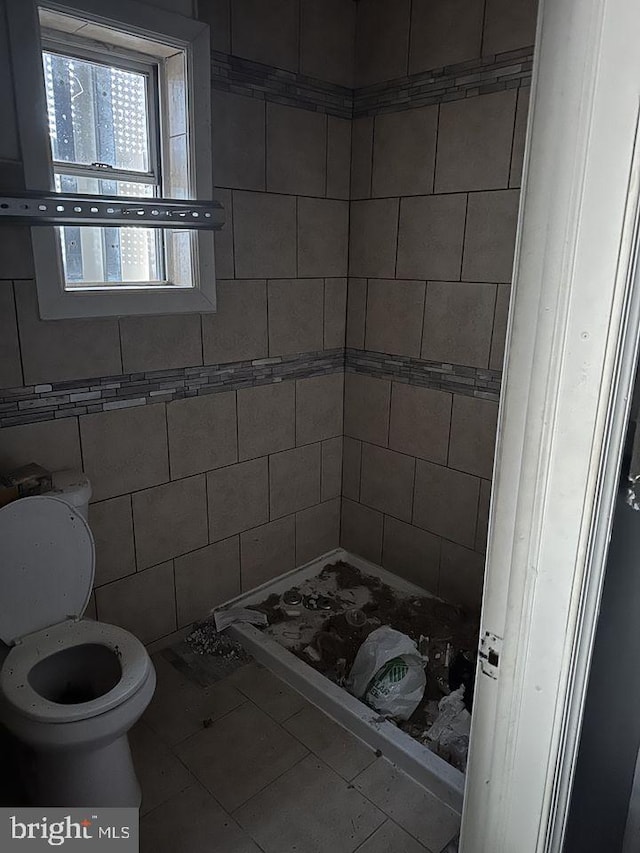 bathroom with tile walls, tile flooring, and toilet