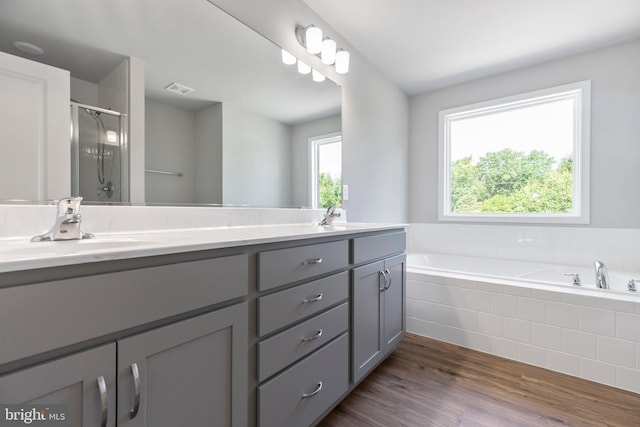 bathroom featuring double sink, hardwood / wood-style floors, independent shower and bath, and large vanity