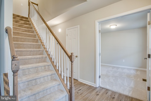 staircase featuring light carpet