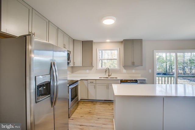 kitchen with gray cabinetry, sink, light wood-type flooring, and stainless steel appliances