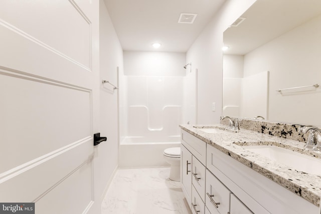 full bathroom with toilet, double sink, tile floors, oversized vanity, and shower / bathtub combination