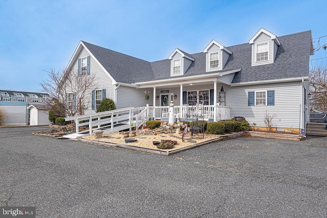 cape cod-style house featuring a porch and a garage