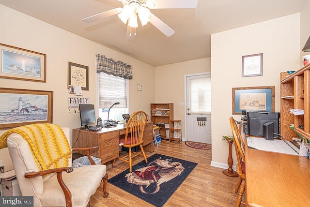 office with ceiling fan and light hardwood / wood-style flooring