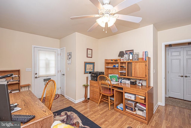 office area featuring ceiling fan and light hardwood / wood-style flooring