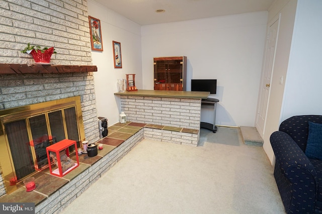 carpeted living room with a fireplace