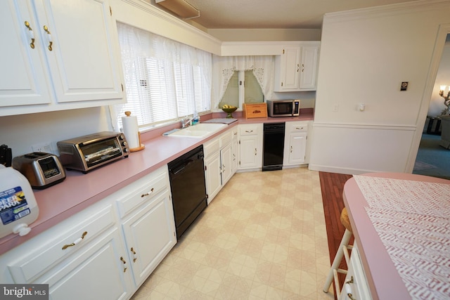 kitchen with black dishwasher, white cabinets, beverage cooler, sink, and light tile floors