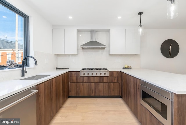 kitchen featuring white cabinetry, wall chimney range hood, stainless steel appliances, and sink