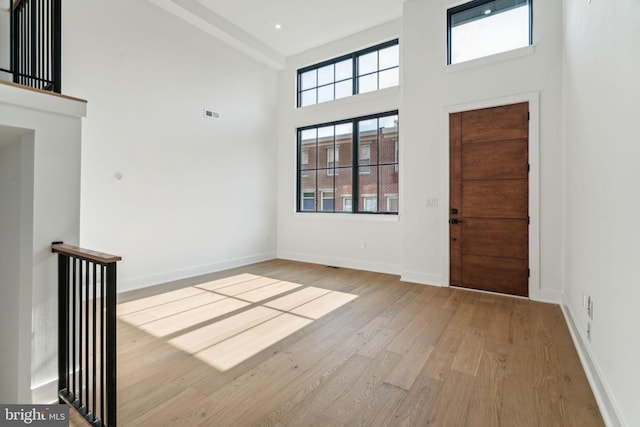 foyer with light hardwood / wood-style flooring and a high ceiling