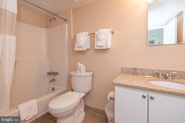 full bathroom with tile floors, shower / tub combo with curtain, large vanity, and toilet