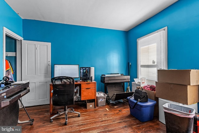 home office featuring dark hardwood / wood-style flooring