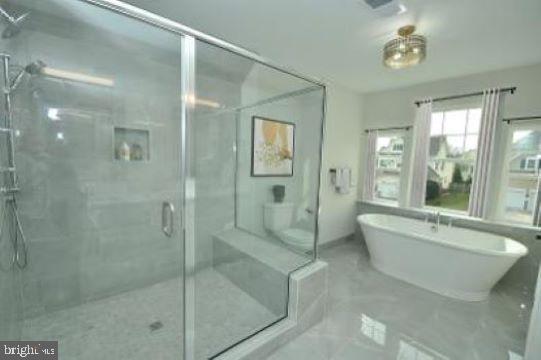 bathroom with separate shower and tub and toilet