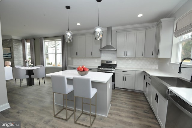 kitchen with hardwood / wood-style floors, wall chimney range hood, sink, and appliances with stainless steel finishes