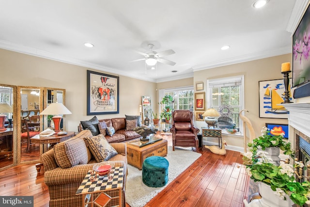 living room featuring ornamental molding, hardwood / wood-style floors, and ceiling fan