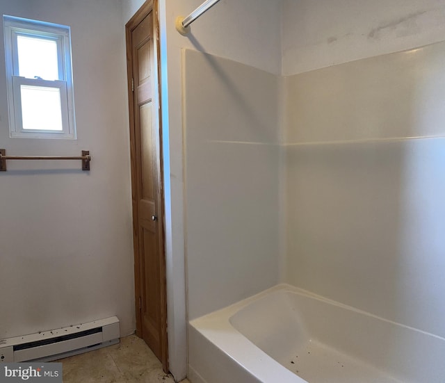 bathroom with baseboard heating, tile flooring, and shower / bathing tub combination