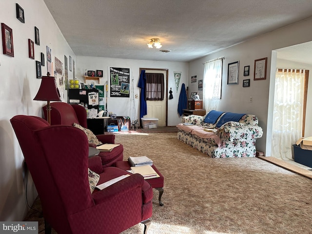 carpeted living room featuring a textured ceiling