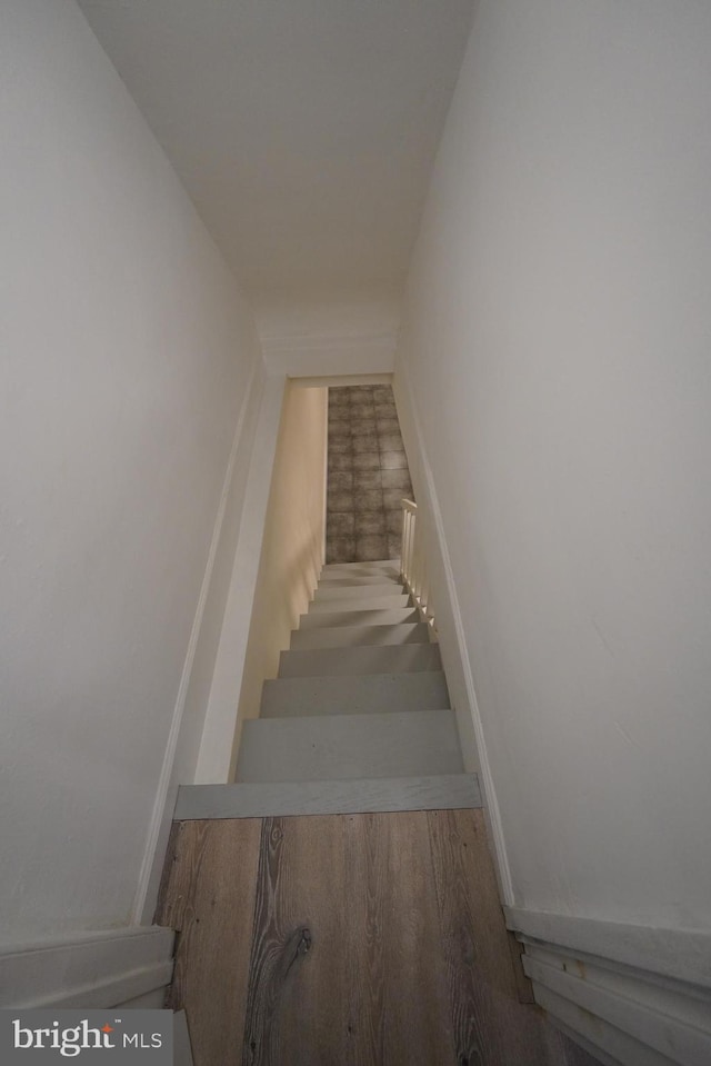 stairs with dark hardwood / wood-style flooring