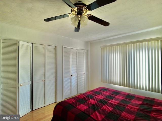 bedroom featuring two closets, light hardwood / wood-style floors, and ceiling fan